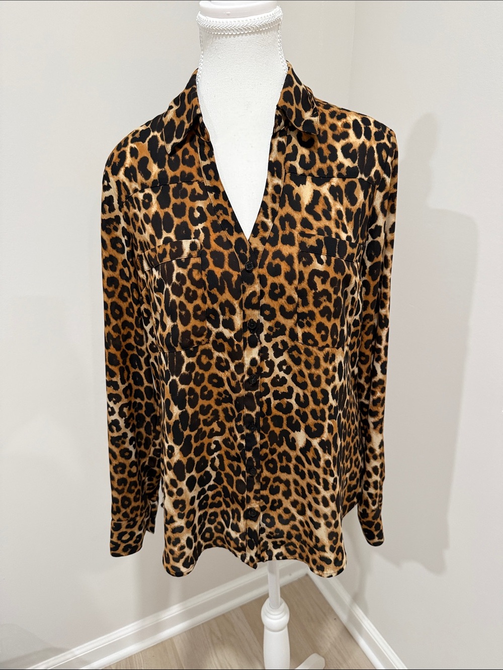 Express Portofino Leopard Print Button-Down Shirt - Brown/Black M